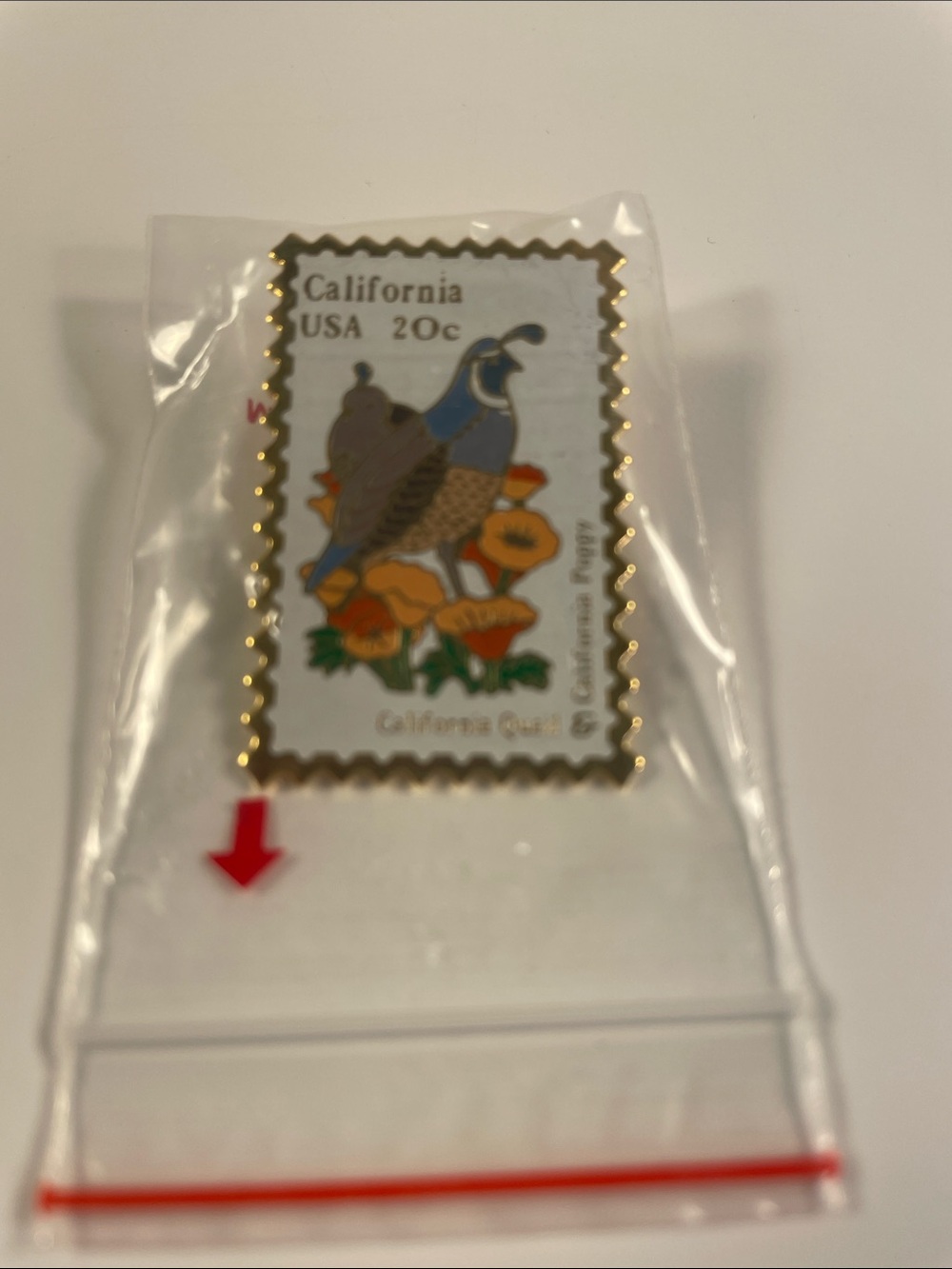 Vintage California 20¢ Quail Stamp Pin - Blue, Orange, Gold
